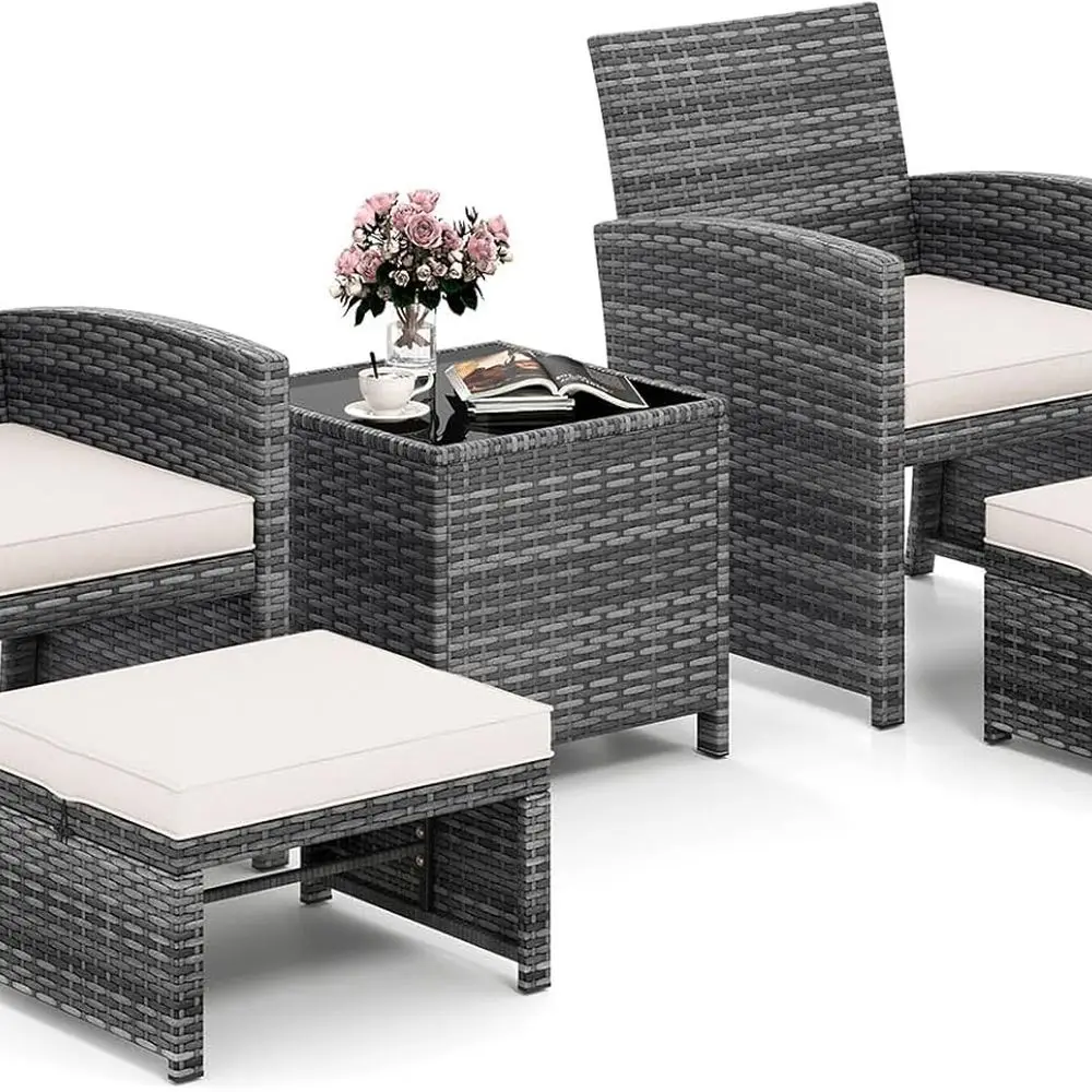 

Patio Conversation Furniture Set, PE Wicker Outdoor Cushioned Chairs with 2 Ottomans, and Storage Coffee Table, for Porch, Garde