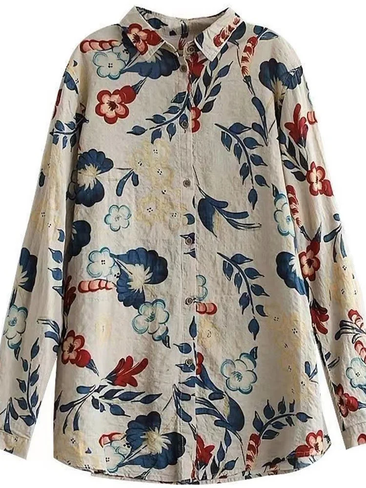 Retro stampa floreale lino lungo Sve irt sciolto casual cotone lino donna Faion coreano giapponese Sle button up irt