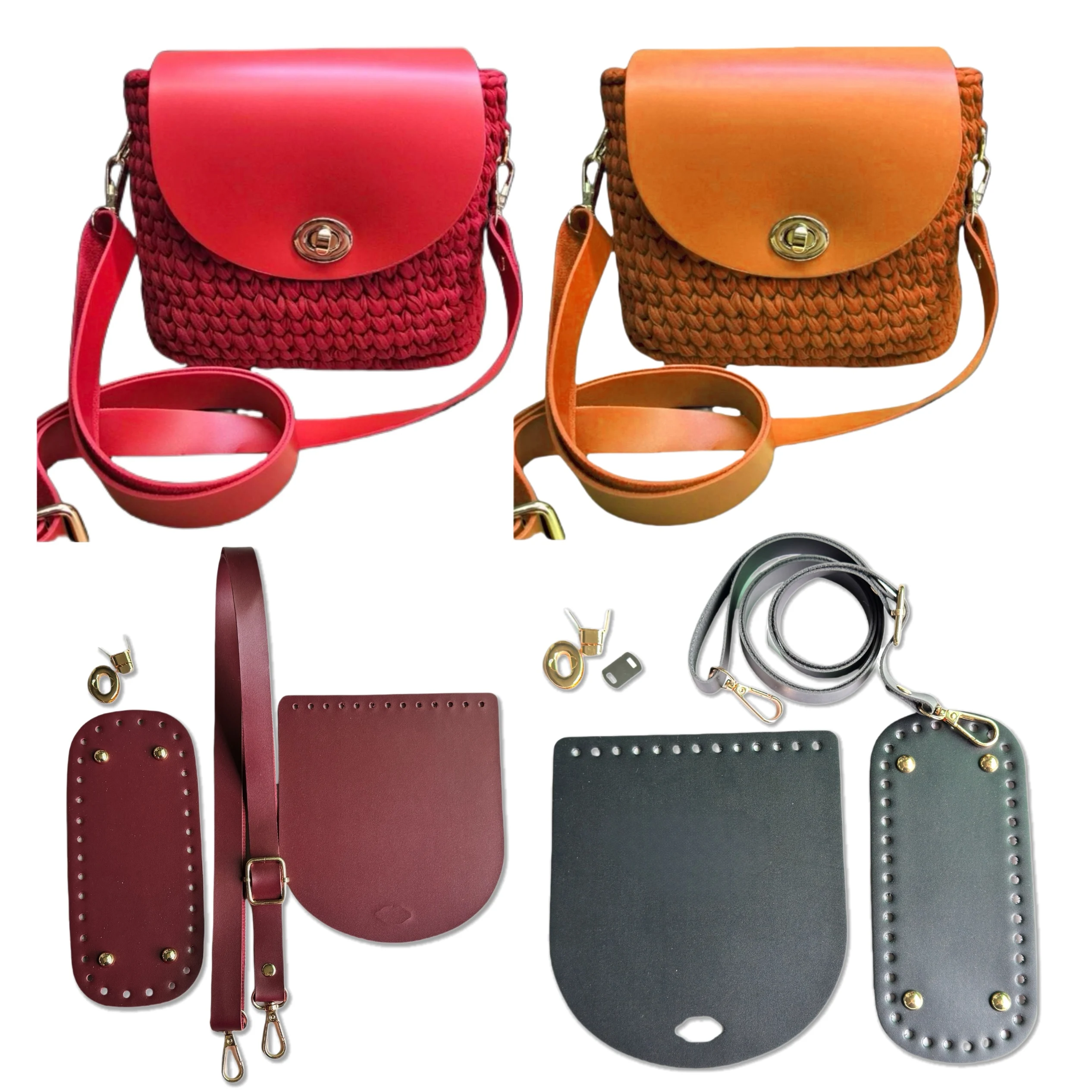 

Colorful DIY bag making kit, crochet bag kit, handmade woven tote bag, Leather accessories for knitted bags ,DIY wallet making