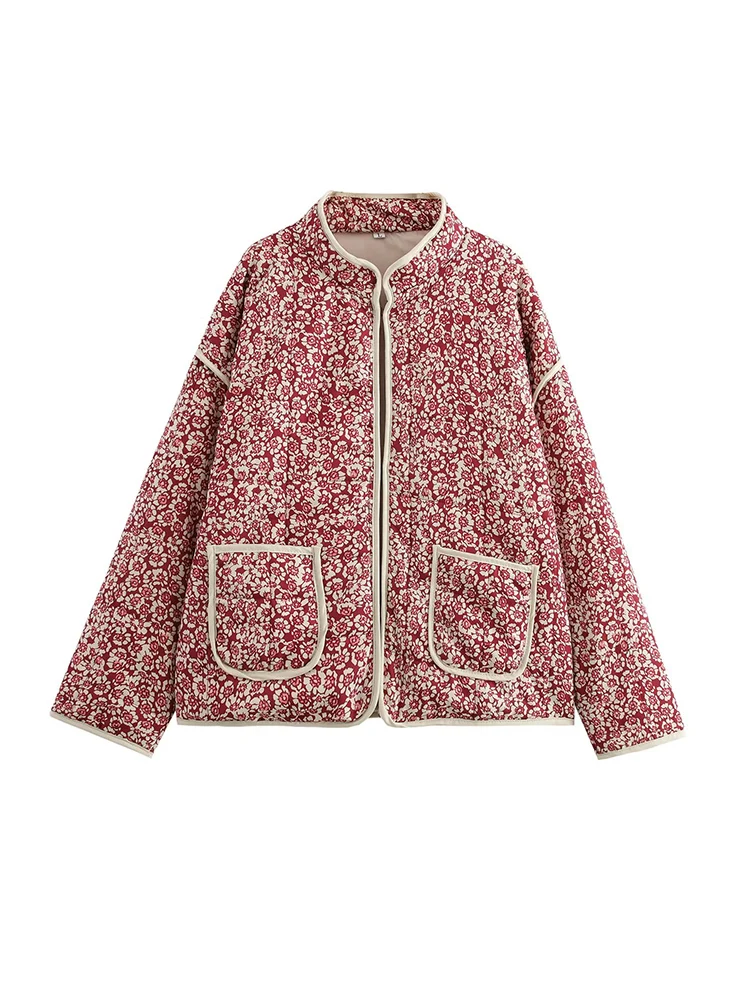 

European style new women's fashionable and versatile loose-fitting printed stand-collar quilted cotton coat.