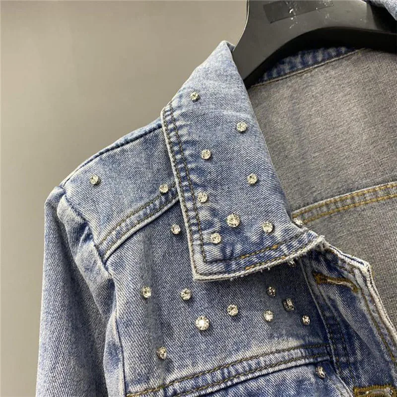 Veste en jean cloutée de diamants de style européen, cardigan printemps automne, haut classique à col rabattu, veste courte pour femme, vêtements de moto