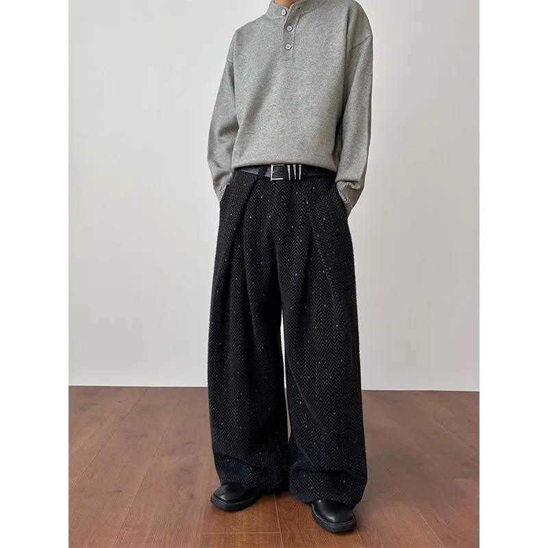 

Ele Men's Woolen Suit Pants Embroidered Wide Leg Trousers Korean Sle Pleated High-End Feel Art Student Casual Pants