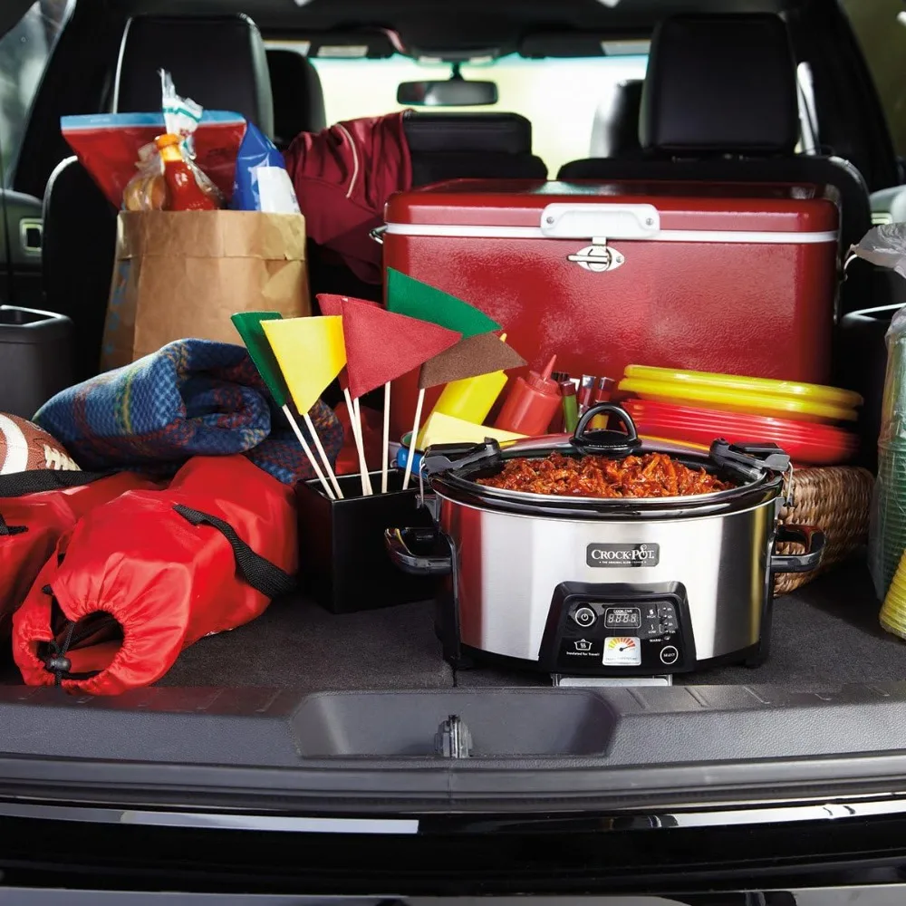 6쿼트 쿡앤캐리 프로그래밍 가능 슬로우 쿠커(디지털 타이머 포함), 스테인리스 스틸, 휴대용 요리에 이상적