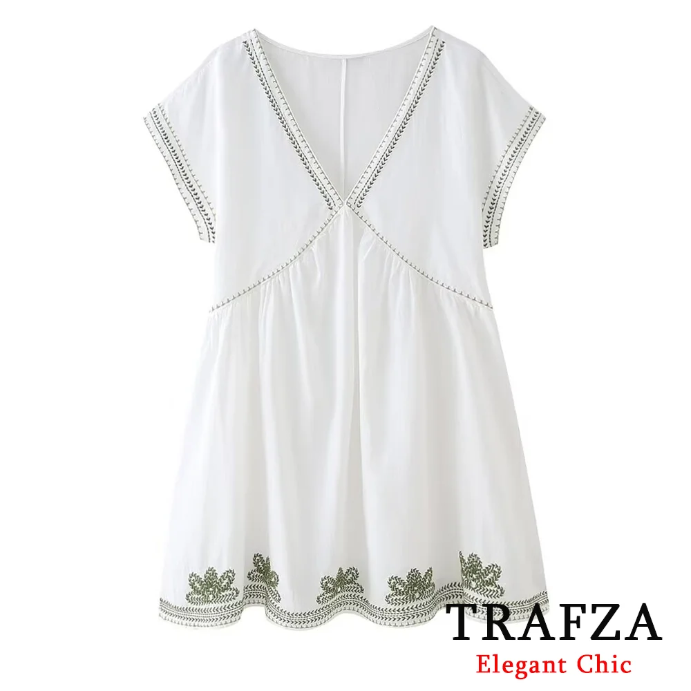 

TRAFZA Elegant Casual Embroidered Short Dress Women's V-Neck Minimalist Style Dress New 2024 Summer Vacation Beach Date Dress