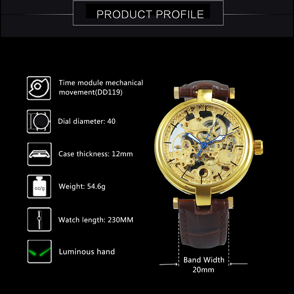 Forsining Fashion Luxury Skeleton Automatic Watch for Women Luminous Hands Elegant Gold Mechanical Ladies Watches Leather Strap