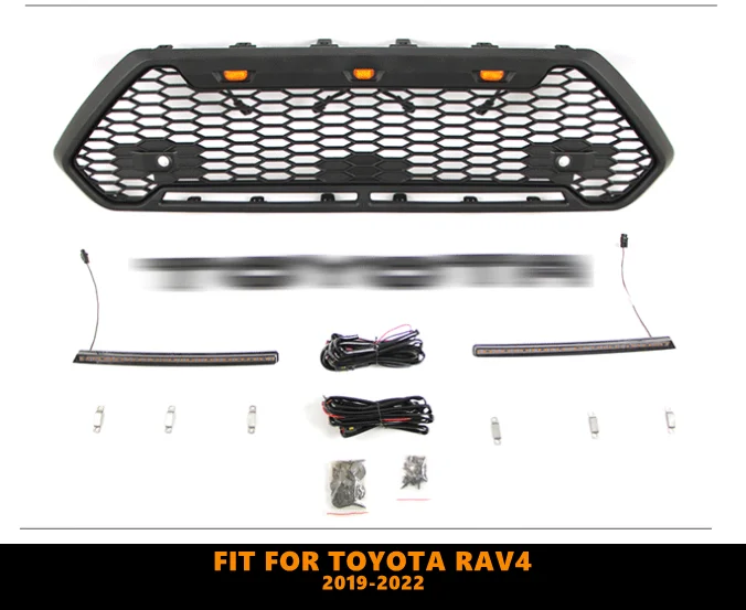 High Quality ABS Black Grill Middle Grill Car Front Grills With LED Lights Light Strip Fit For Toyota RAV4 2019-2022