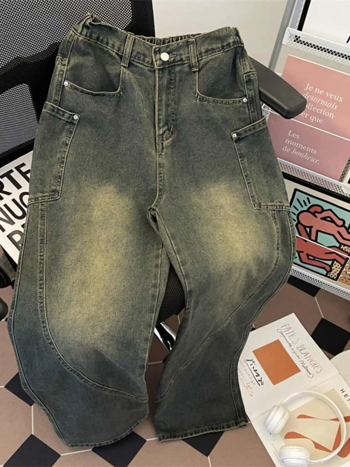 

American High Waist Straight Jeans Leg Waist Loose Wide Leg Women's Y2K Washed Distressed Versatile Casual Denim Pant 2025