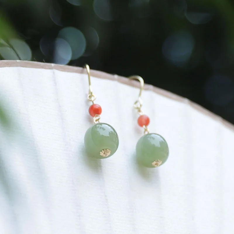 

Женские винтажные серьги из зеленого нефрита Хэтянь 9x10 мм, с покрытием из 14-каратного золота и красным агатом