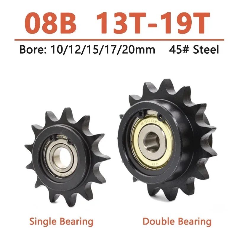 

1pc 13T-19T 08B Sprocket with Bearing 13 15 17 19 Teeth Idler Sprocket Drive Chain Gear Bore 10 12 15 17 20mm 45 Steel Blacken