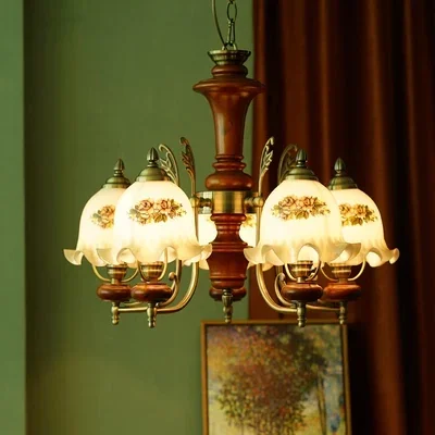 Northern European Rural nostalgia Chinese American retro solid wood glass chandelier living room bedroom Restaurant