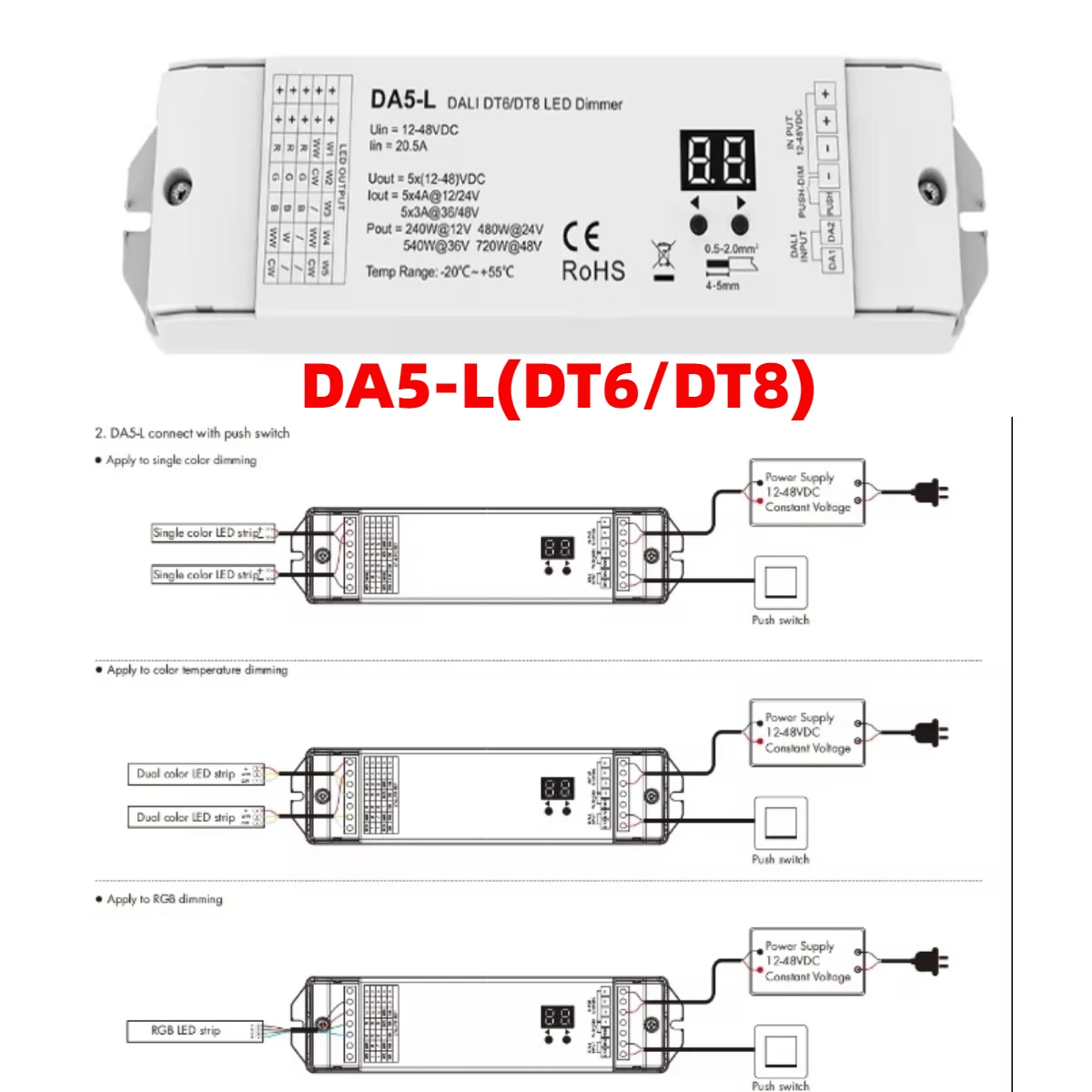 dali led dimmer para fita de fita de fita canais controlador tensao constante da5 l dt6 dt8 rgb rgbcct canais 4a 24v cv 01