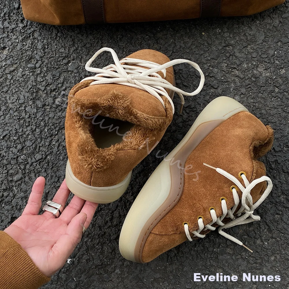 

Fleece Lined Thickened Warm Snow Boots Men/women Round Toe Cross Tied Brown Sneakers 2026 New Fashion Casual Flat Ankle Boots