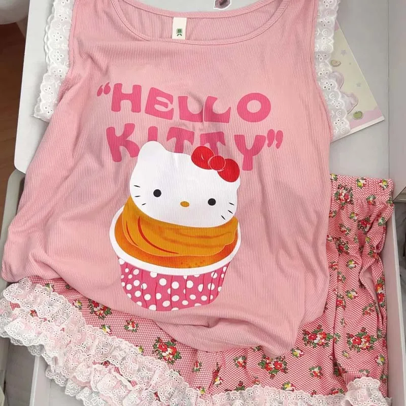 

Летние женские пижамы Hello Kitty с подкладками на груди, милые мультяшные безрукавки и шорты, домашняя одежда для девочек, мягкая повседневная одежда для дома