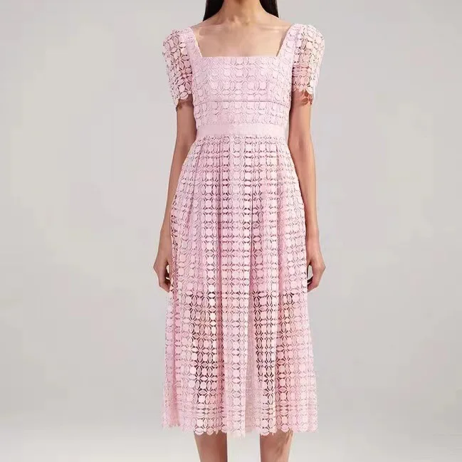 

JAMERARY Runway New Spring/Summer Luxury Pink Square Neck Bubble Sleeve Lace Women Dress Pink Long Evening Party Vestidos