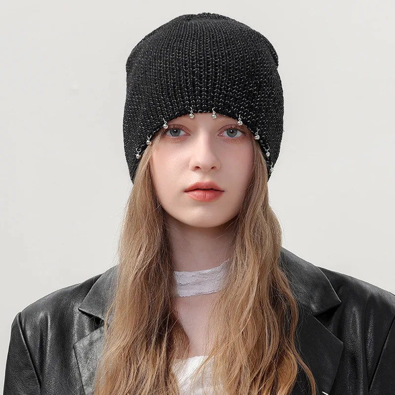 Korean Ins Personalized Knitted Hat Bright Bead Decorative Pullover cap Spring and Autumn Fashion Elastic Women Skull Beanie Hat