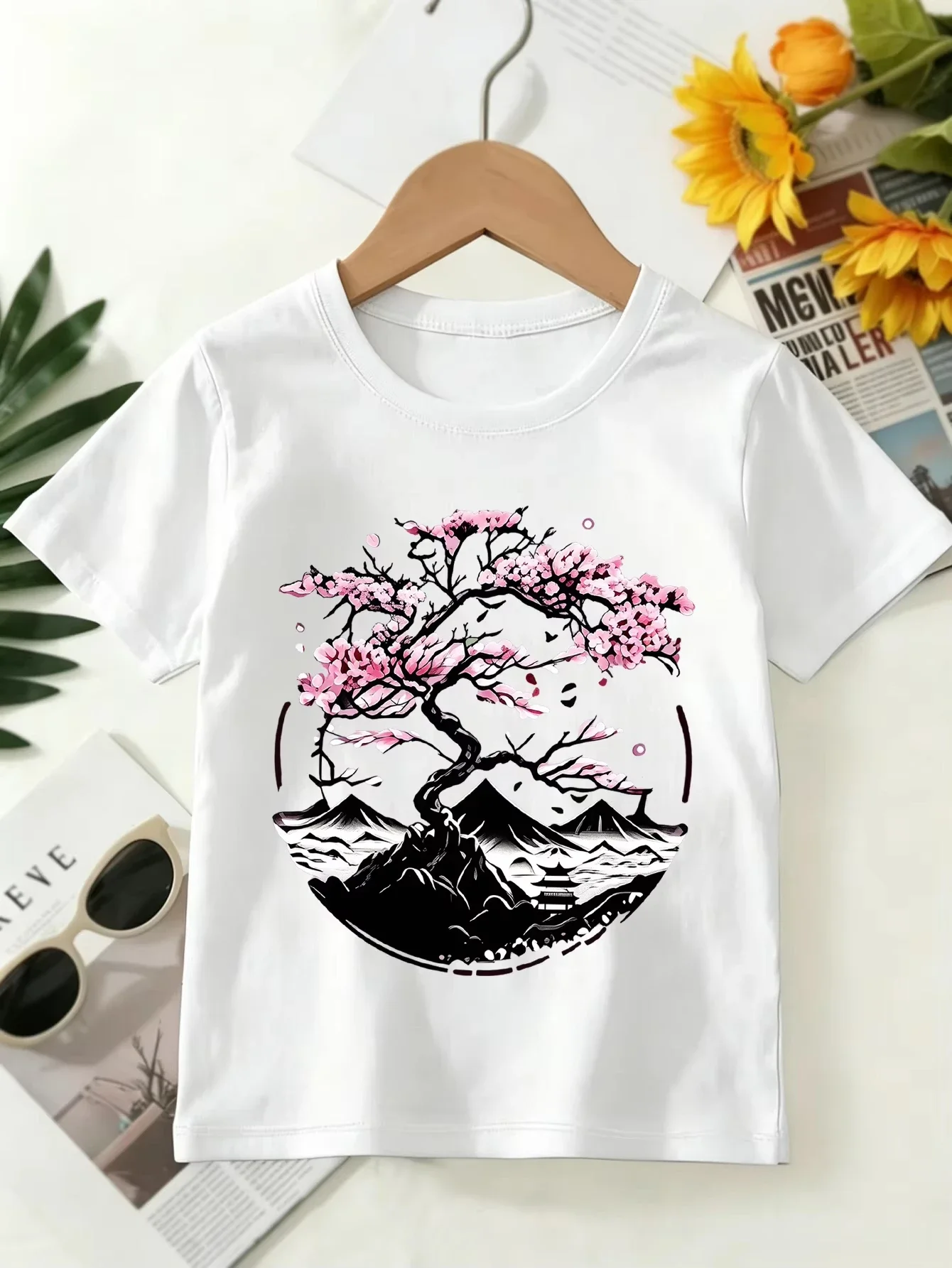 Little Kids Crew Neck T Shirt Japanese Style Cherry Blossom Mountain Scenery Design Short Sleeve Comfortable Casual Tee