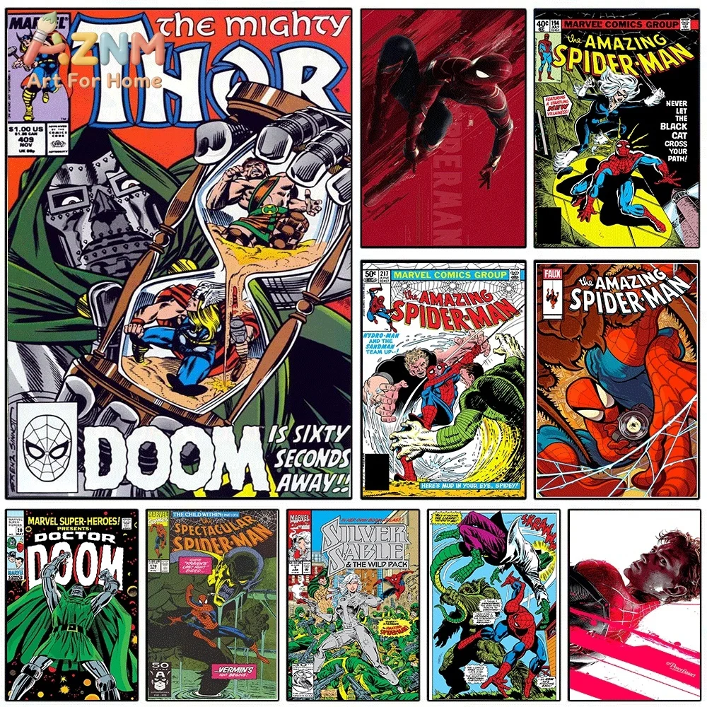 Póster de Lona Vintage con Portada de Cómic de Thor, Doctor Doom, Spider-Man, Impresión de Arte de Pared, Sin Marco, para Decoración de Sala de Estar, Dormitorio