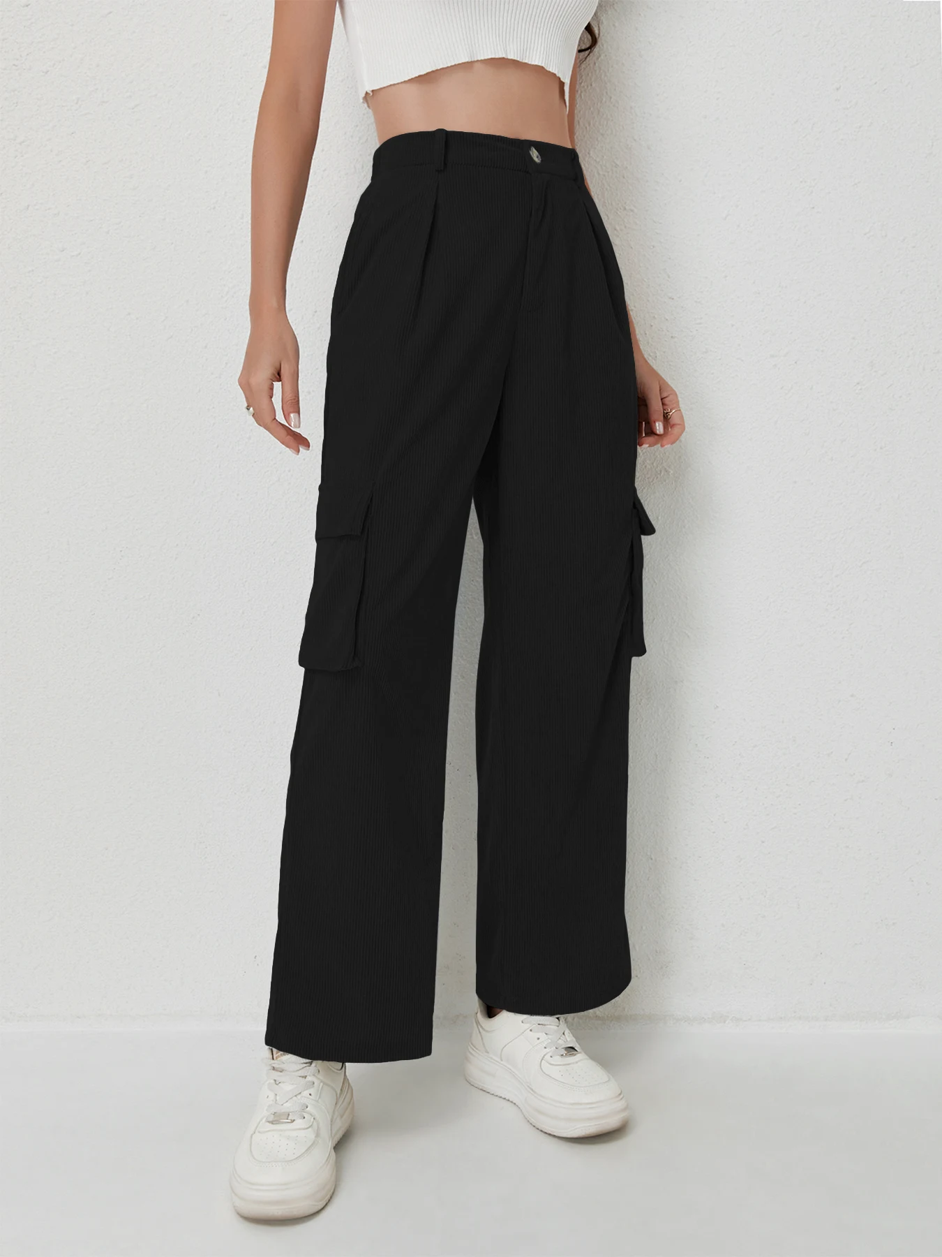 Women's casual trousers corduroy trousers multi-pocket drape high waist trousers women's sports casual work trousers