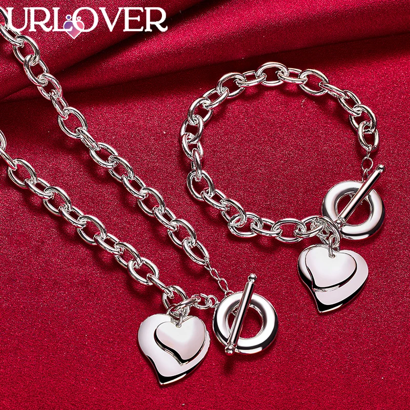 

URLOVER 925 Sterling Silver Heart Chain Necklace Bracelet Set For Woman Fashion Party Wedding Charm Jewelry Lady Birthday Gift