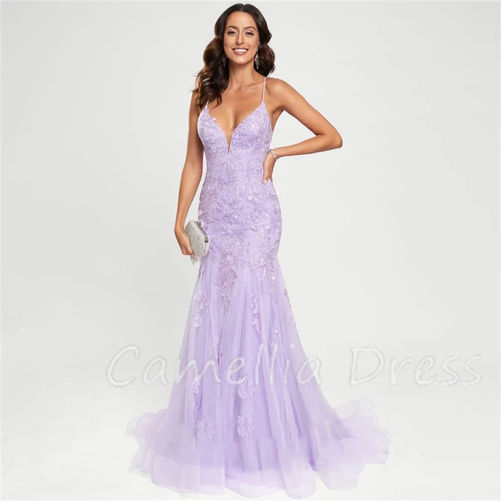 Robe de soirée sirène à col en V avec paillettes, robes formelles en dentelle et tulle, robes de soirée à balayage train, nouvelle collection éducative