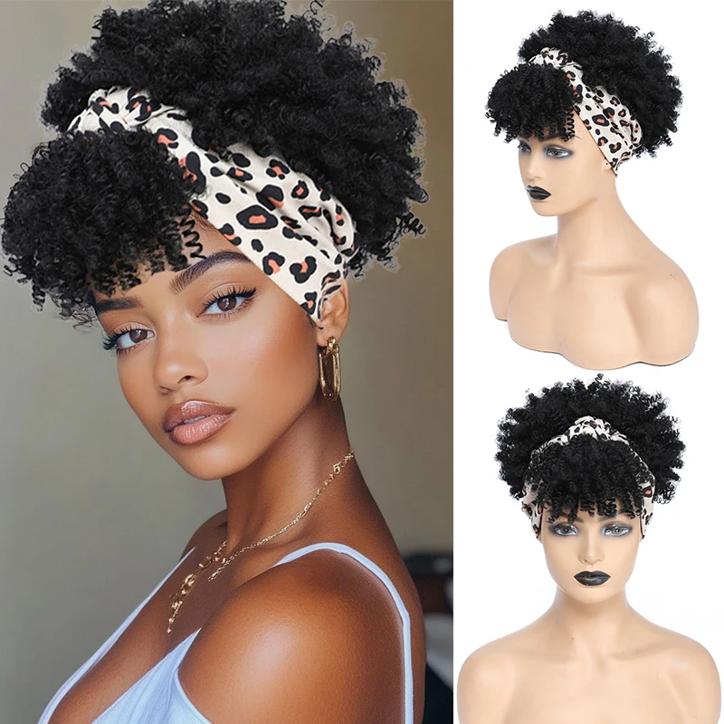 Synthetic Kinky Curly Headband Wig Short Afro High Puff Curly Headband Wigs for Women Black Deep Curly Scarf Wrap Wig with Bangs