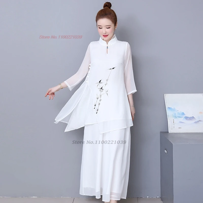 2025 traditionele chinese vintage meditatie set nationale bloemenprint chiffon hanfu tops + broek set oosterse thee service pak