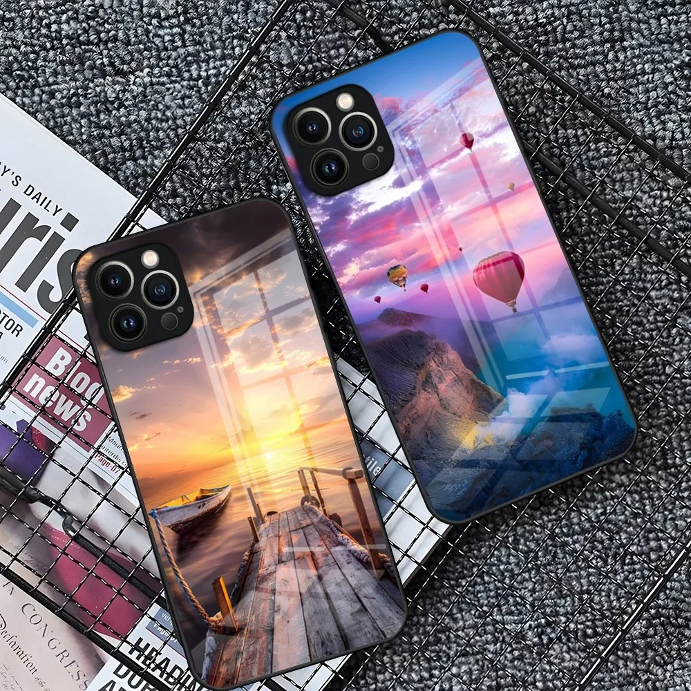 scena plażowa zachód słońca balon na gorące powietrze Etui na telefon iPhone 15 14 Pro 11 13 12 Mini XS XR Max 6 8 7 Plus SE Szkło luksusowy Design Cov