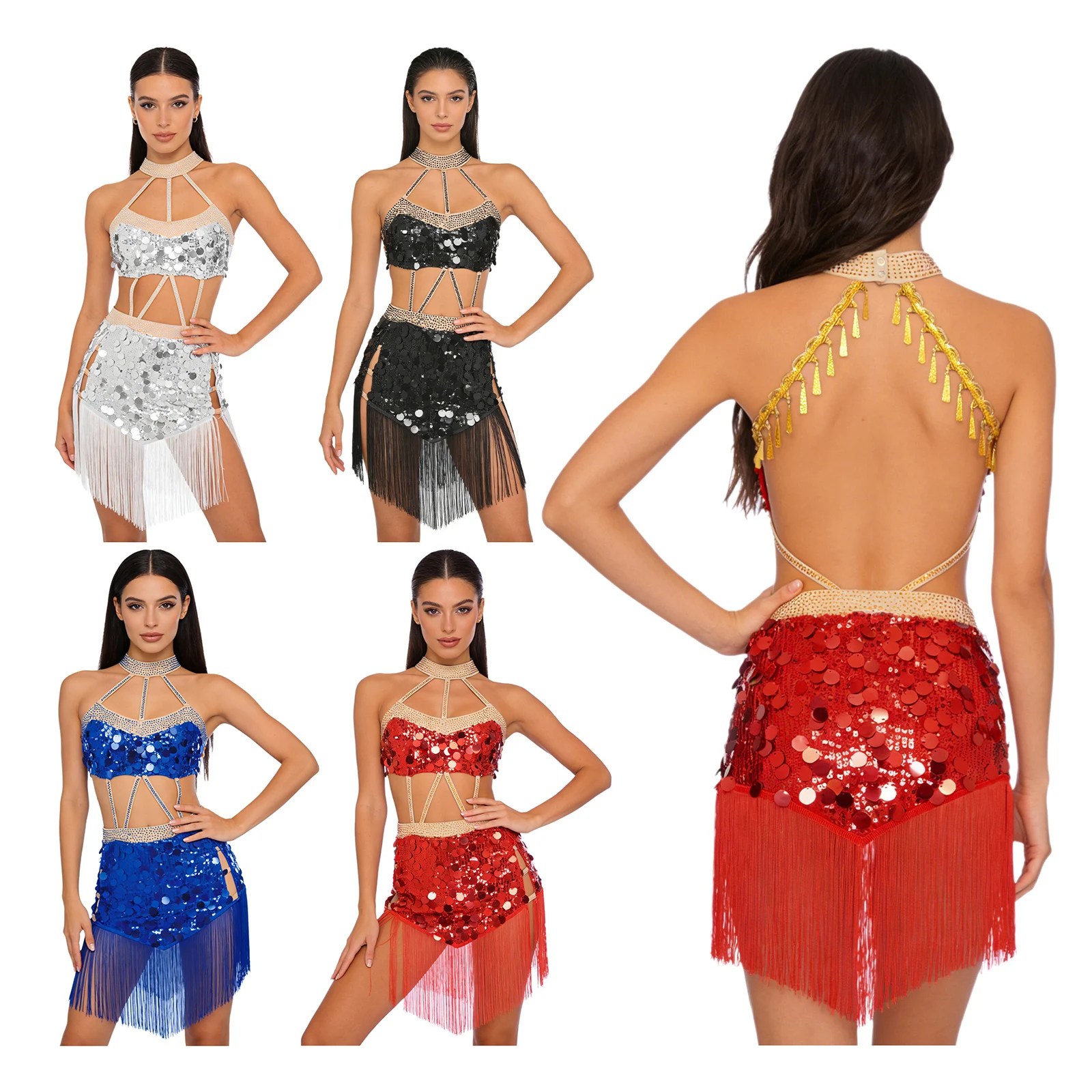 

Women Halter Sequins Rhinestones Tassel Cutout Latin Dance Bodysuit Dress Tango Cha-cha Samba Rumba Salsa Performance Dancewear