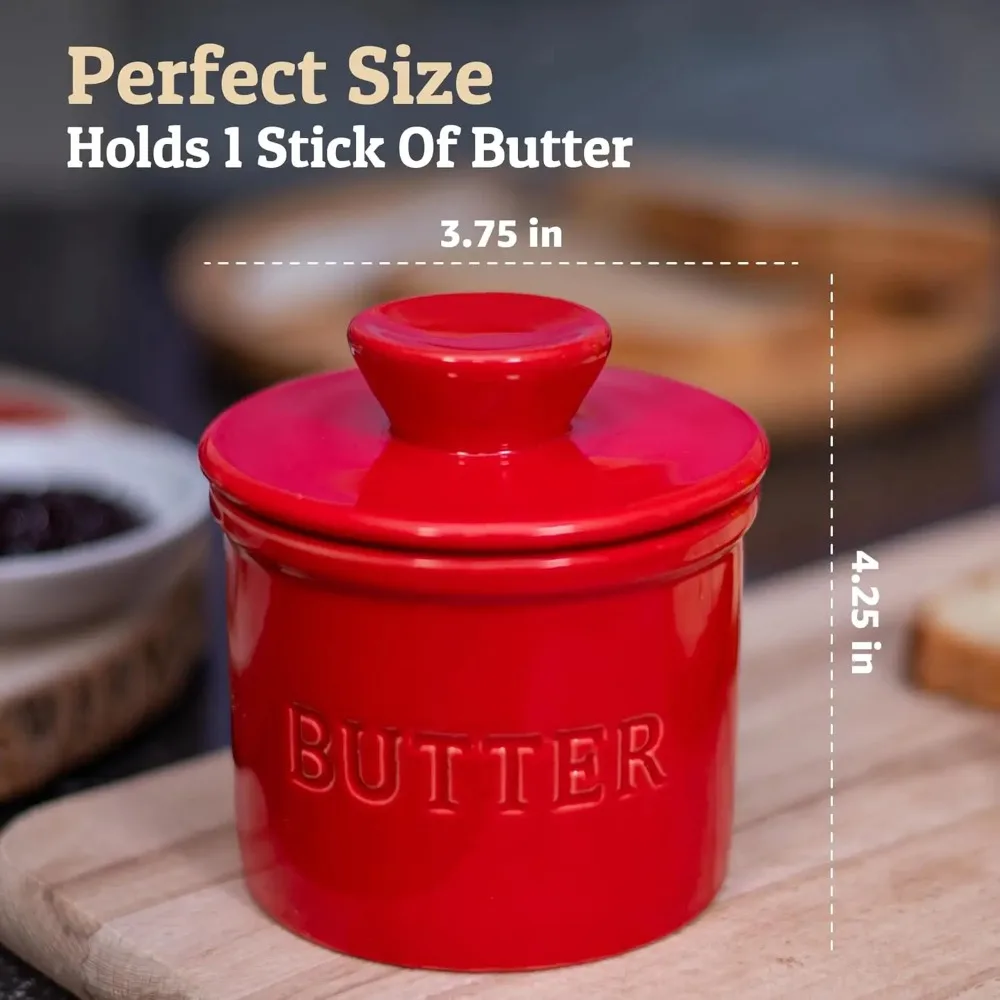 PriorityChef Butter Crock مع غطاء مع خط ماء، طبق زبدة فرنسي من السيراميك للترك على العداد، أحمر