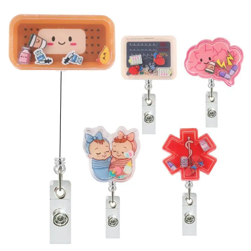 1Pcs Shaker Acrylic Anime Baby Heart Shape Cloud Retractable Nurse Badge Reel ID Card Holder Alligator Clip