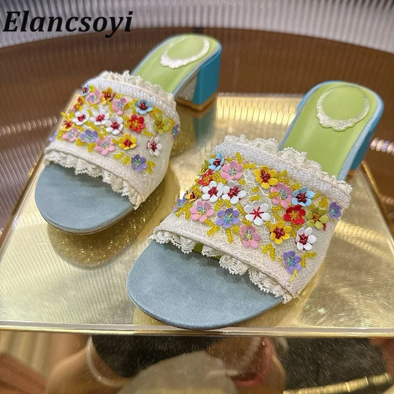 New Slippers Summer Colorful Flower Decor Solid Color Sandals Women Open Toe Lace One Strap Thin Hight Heels Dress Shoes