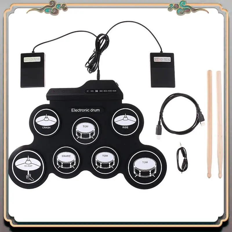 

Durable Electronic Music Drums Hand Roll USB Drum Portable Practice Drums Kit Black 7-Pad Kit With Drumsticks Sustain Pedal