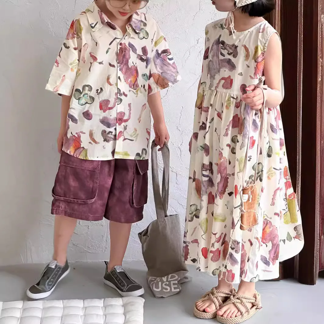 Matching Brother and Sister Clothes for Twins Boy and Girl Vacation Clothing Korean Children's Clothing Baby Dress Kids Shirts