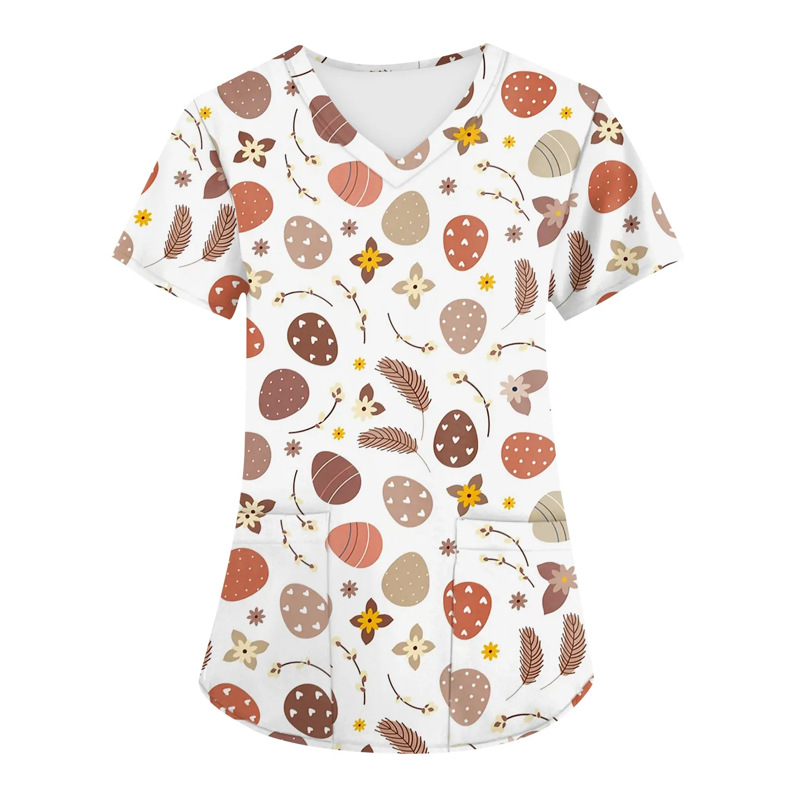 Easter Eggs Print Scrubs Top For Womens Short Sleeve V Neck Nurse Uniform Blouse With Pockets Easter T-Shirt Nursing Working Top