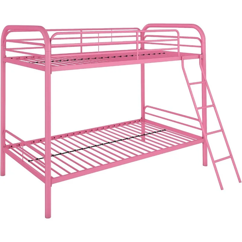 Dusty Metal Bunk Bed Frame for Kids, Teens, and Adults, With Angled Ladder, High Full Length Guardrail, Smooth Rounded Edges