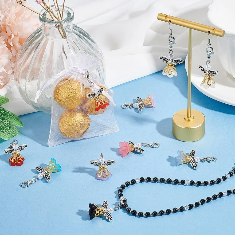 64pcs Angel Wing Charm, Guardian Angel Pendant Fairy Dangle Charms with Lobster Claps Colorful Pearl Flower Beads for Earring