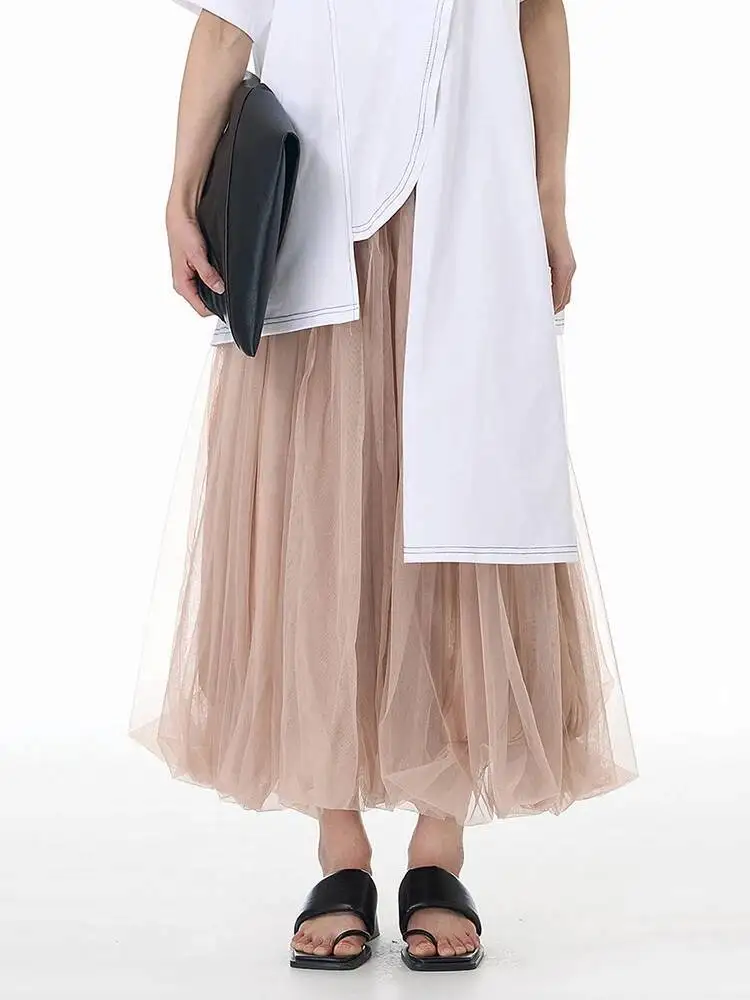 High Elastic Waist Khaki Layers Mesh Elegant A-line Half-body Skirt Women Fashion Tide New Spring Autumn