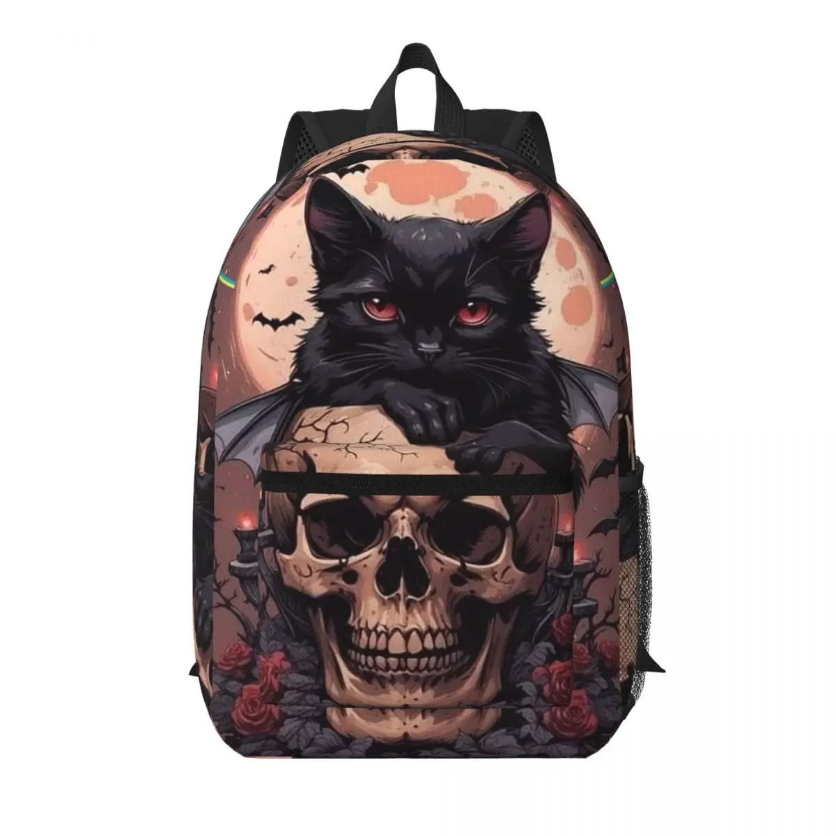 

Gothic Black Cat And Bat Wing Witch Themed Student Backpack School Bag Hiking Travel Daypack for Unisex Bookbag Shoulder Bags