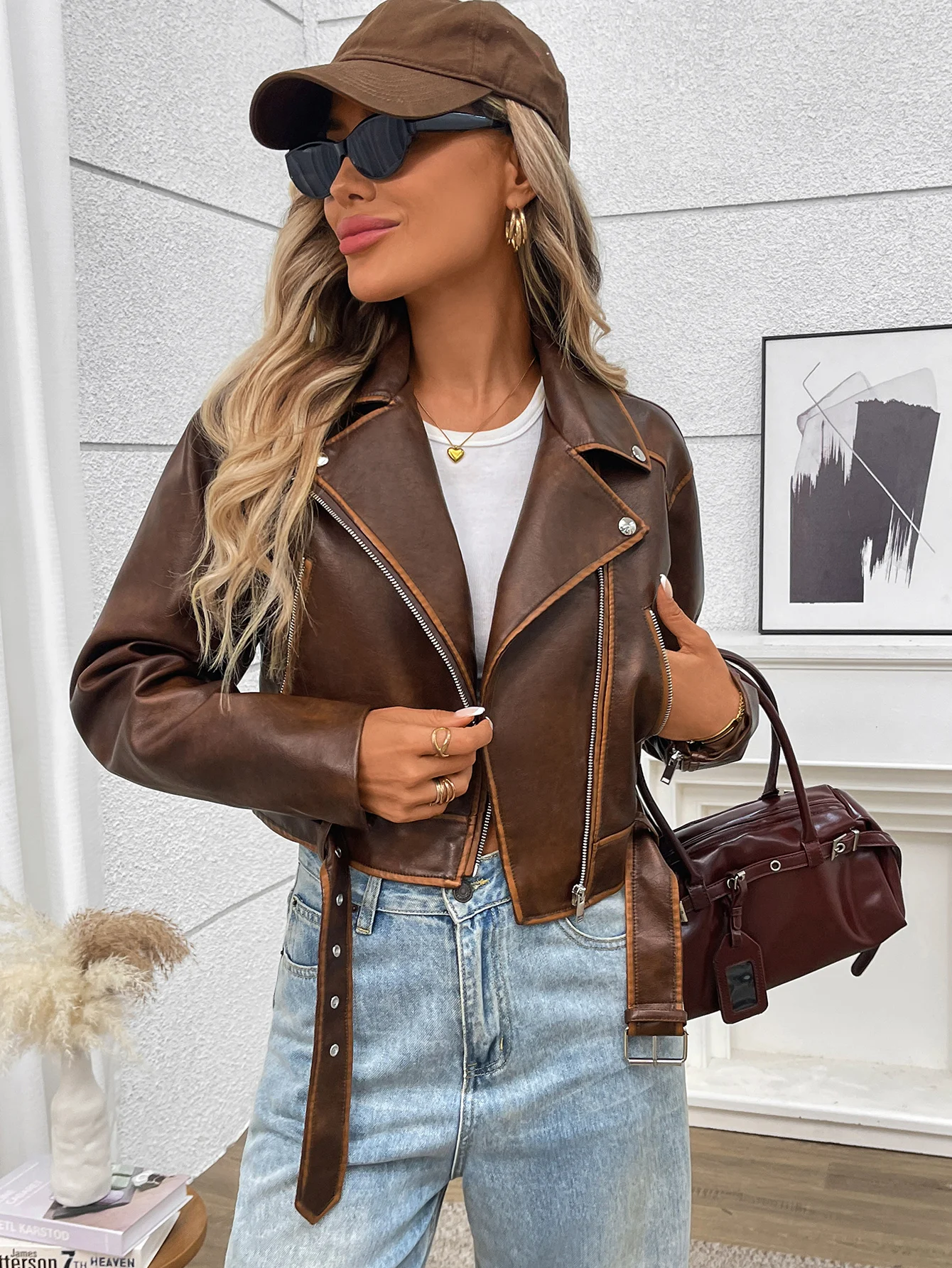 Fitaylor Spring Autumn Women Faux PU Leather Jacket Vintage Lapel Zipper Jacket High Street Motorcycle Jacket