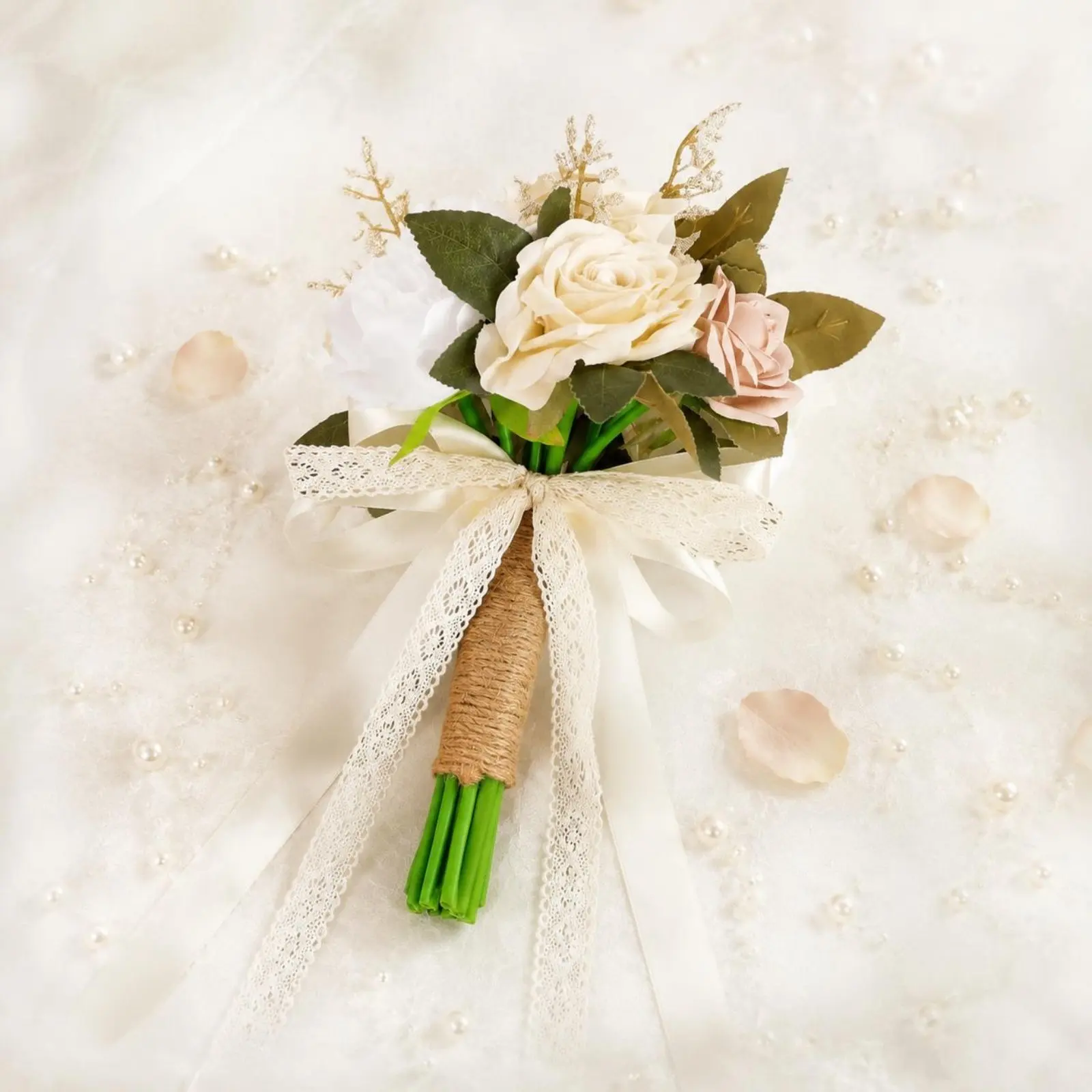 

Champagne Blossom Flower Arrangement Handmade Handheld Blossom Flower Arrangement Event Decor Vintage Design Ribbons for Brides