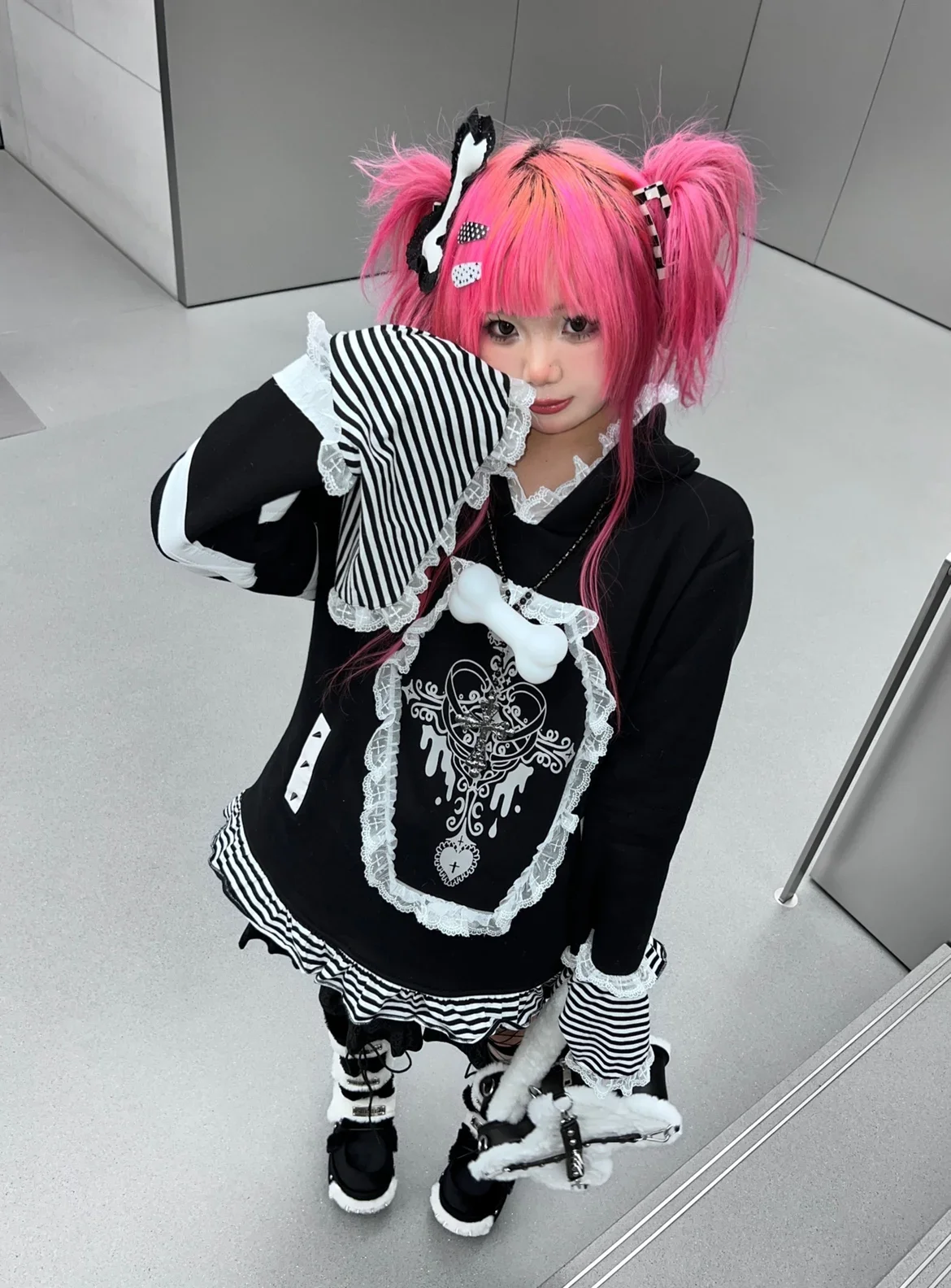 Oversized Hoodie Women Subculture Rabbit Ear Straps Mine Hoodies Hot Girl Cute Lace Striped Splicing Color Horn Sleeve Coats