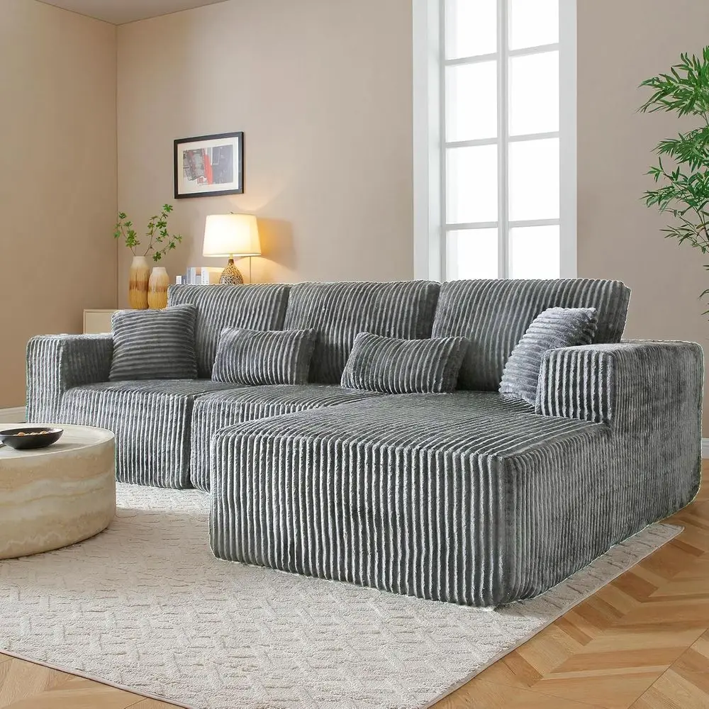 

108 Grey L-Shaped Sectional Sofa with Deep Seat, Chaise, Corduroy Upholstery, No Assembly Needed, Right-Facing