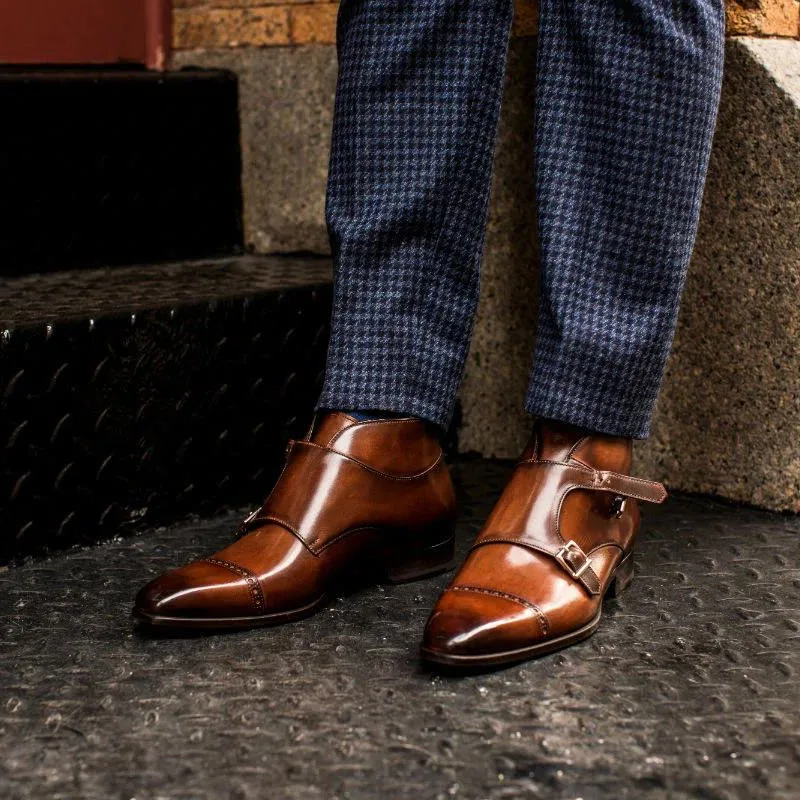 Double Buckle Monk Boots Brown Business Square Toe Ankle Boots for Men with Short Boots Zapatos Para Moto Hombre