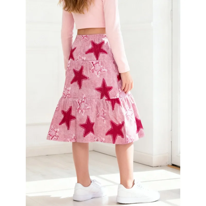 تنورة متوسطة الطول للفتيات بطباعة نجوم لعام 2026 - تنورة قصيرة وردية اللون بحاشية مكشكشة على شكل حرف A، تنورة أطفال عصرية غير رسمية لملابس اليومية والحفلات #2