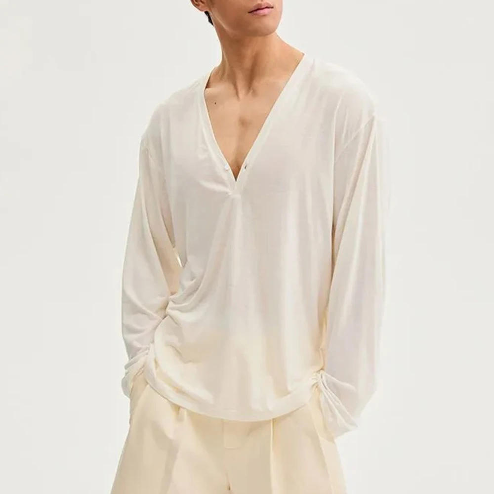 

Mens T-Shirt V-Neck Thin Shirt Summer Breathable Daily Plain Simple Comfort Personality Long-Sleeve Top Men'S Clothing 2025 New
