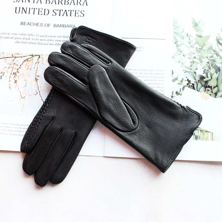 Guantes de cuero de grano de piel de ciervo para mujer, moda de estilo Simple, forro de terciopelo, otoño e invierno, guante cálido para montar en