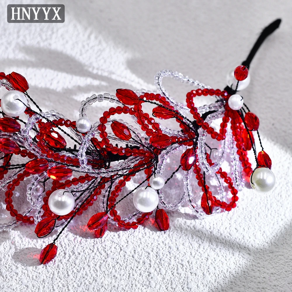 HNYYX Red Crystal Beaded Headband Non Slip Decorative Hair Accessory Elegant Headdress for Women Bride Pearl Jeweled Tiara A188