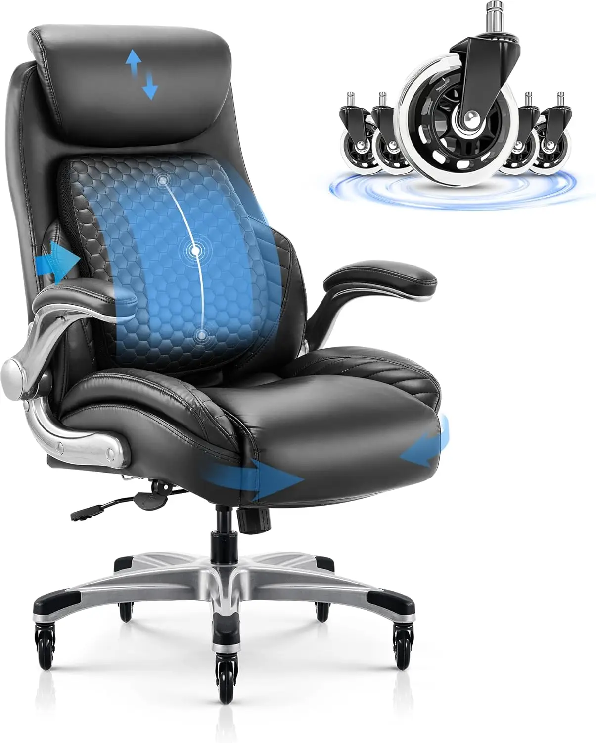 Desk Chair with Pop-Out Lumbar Support, High Back Executive Chair, Upgraded Casters, Adjustable Headrest, Flip-Up Arms, Leather