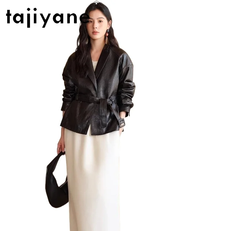 TAJIYANE オイルワックス羊革レザージャケット女性ショートベルト付きコート本革ジャケット秋の女性服 2026 дубленка