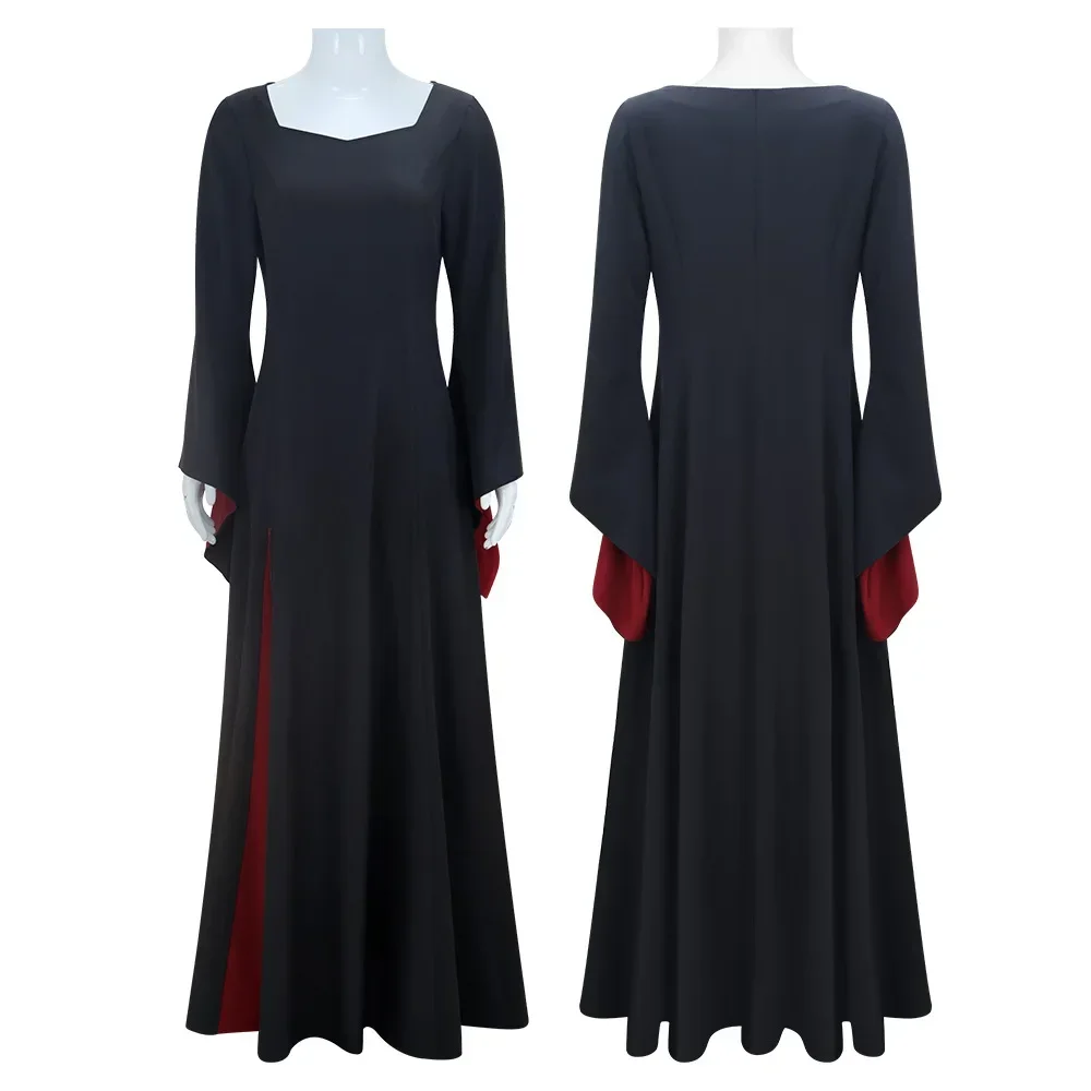 

TV Wednesday Morticia Cosplay Costume Black Robe Wig Set Women Gothic Dress Maxi Skirt Adult Vintage Halloween Masquerade Party